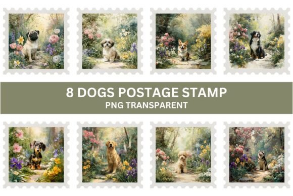 8 Charming Dog Postage Stamp PNG Set: Adding Whimsy to Your Creative Projects
