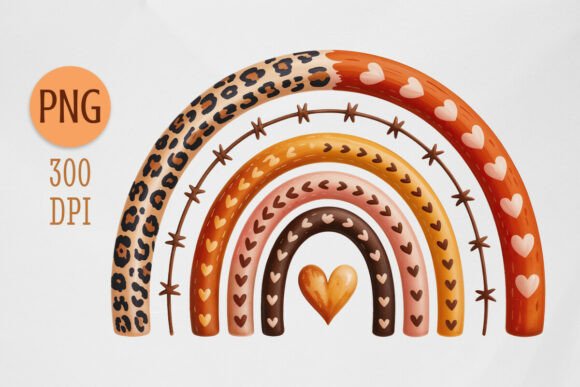 Autumn Boho Leopard Heart Rainbow PNG