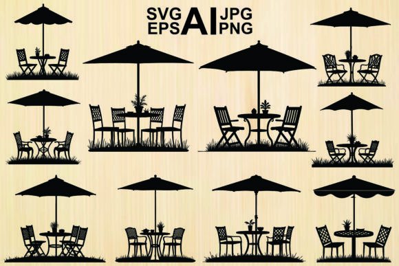 Silhouette Cafe Table Chairs Umbrella: A Versatile Design Resource for Outdoor Living Visuals