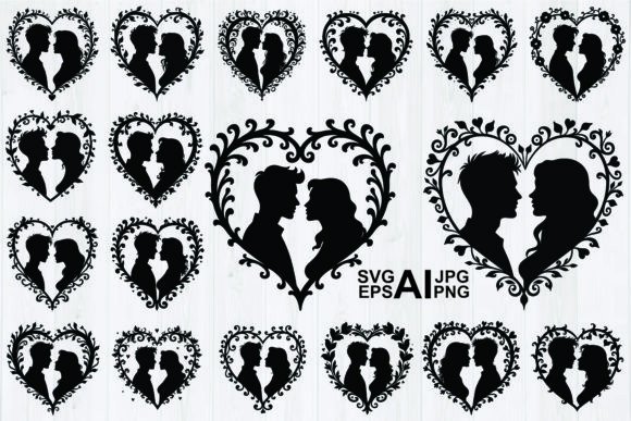 Silhouette Couple in Heart Frame Vector