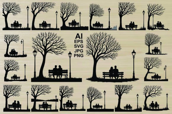 Silhouette Couple on a Bench Vector Set