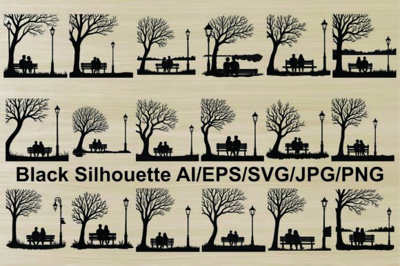 Silhouette Couples Sitting on Park Set: Enhancing Design with Romantic Minimalism