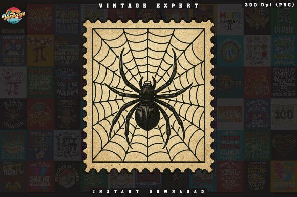 Spider on Web Postage Stamp Clipart: Elevating Digital Design with Vintage Gothic Aesthetics