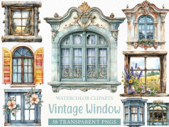 Vintage Window Watercolor Clipart: Elevating Digital Design with Nostalgic Charm
